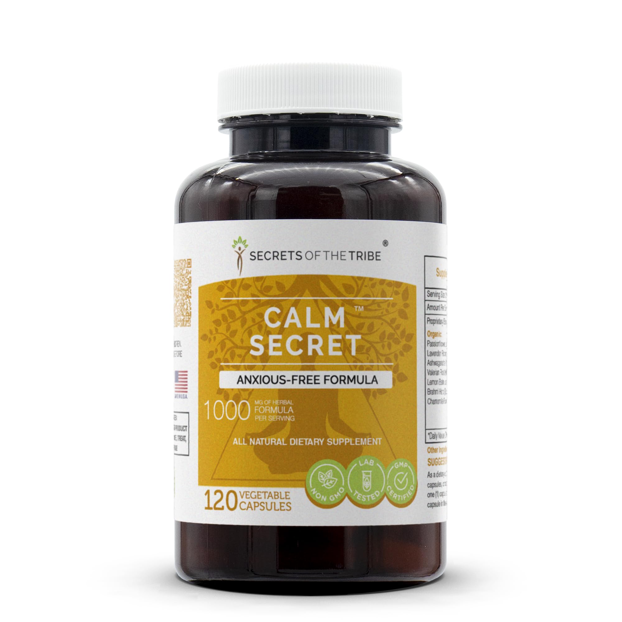 Secrets of the Tribe Calm Secret bottle with capsules suggesting calm balance.