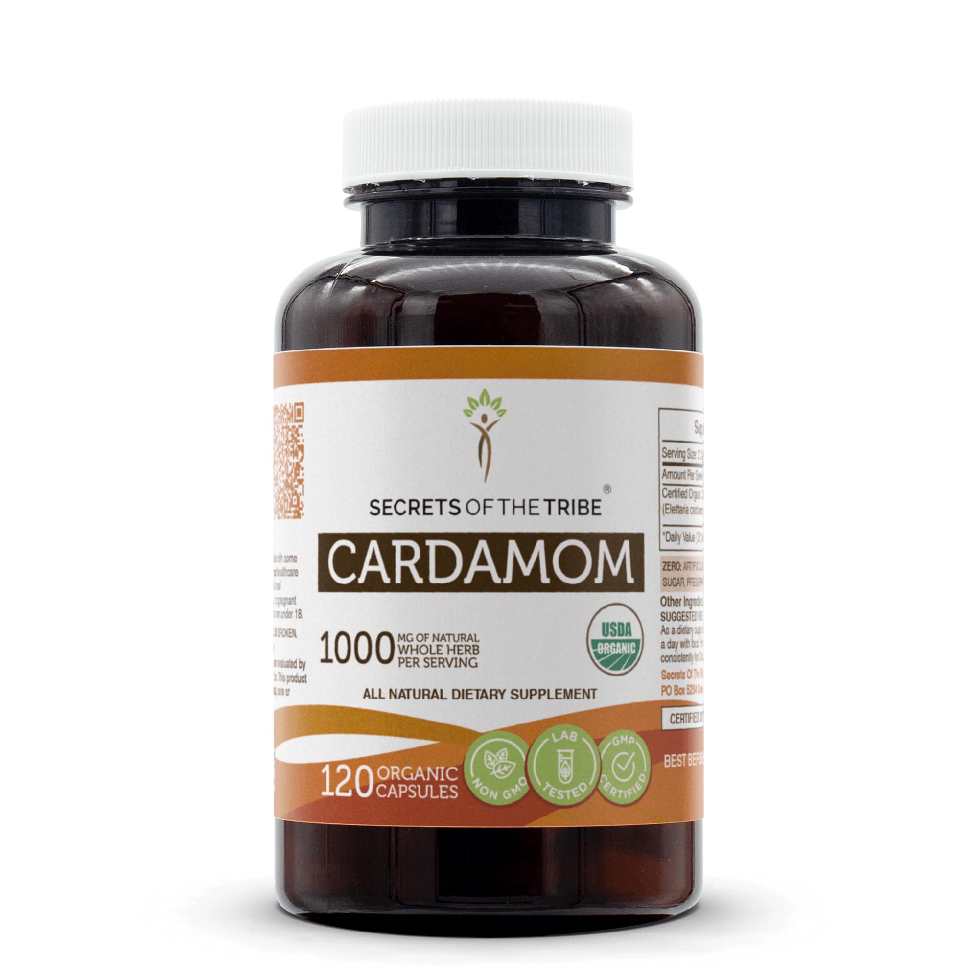 Secrets of the Tribe cardamom capsules bottle front highlighting organic herbal supplement