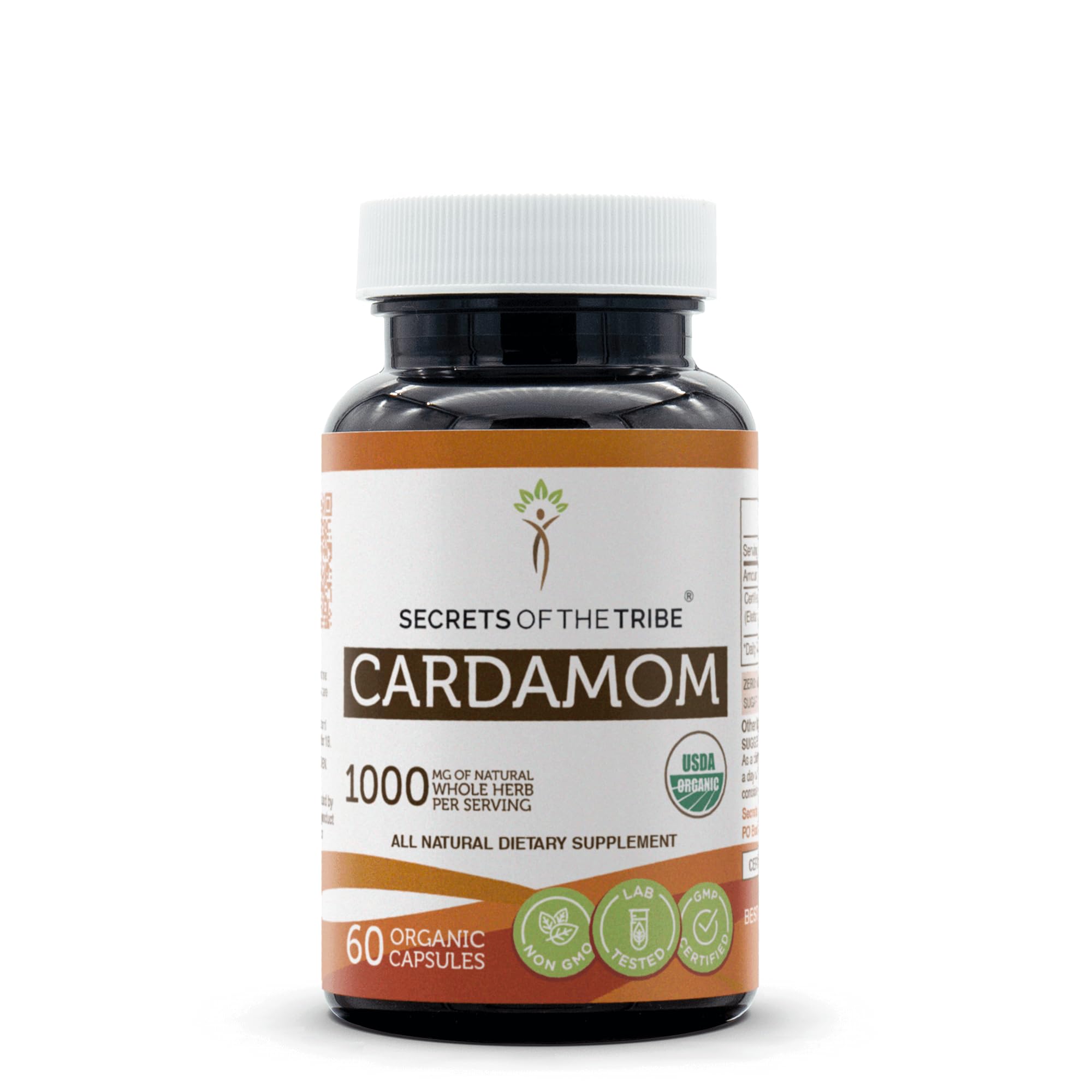Secrets of the Tribe Cardamom Capsules bottle offers convenient daily wellness support.