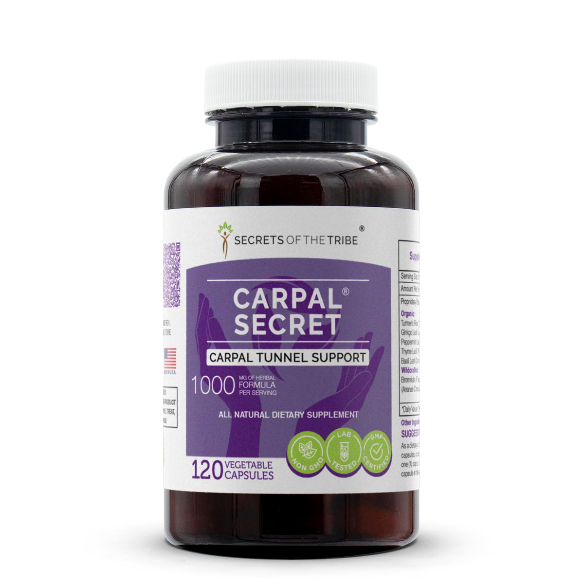 Secrets of the Tribe Carpal Secret bottle close-up highlighting natural ingredients for everyday support