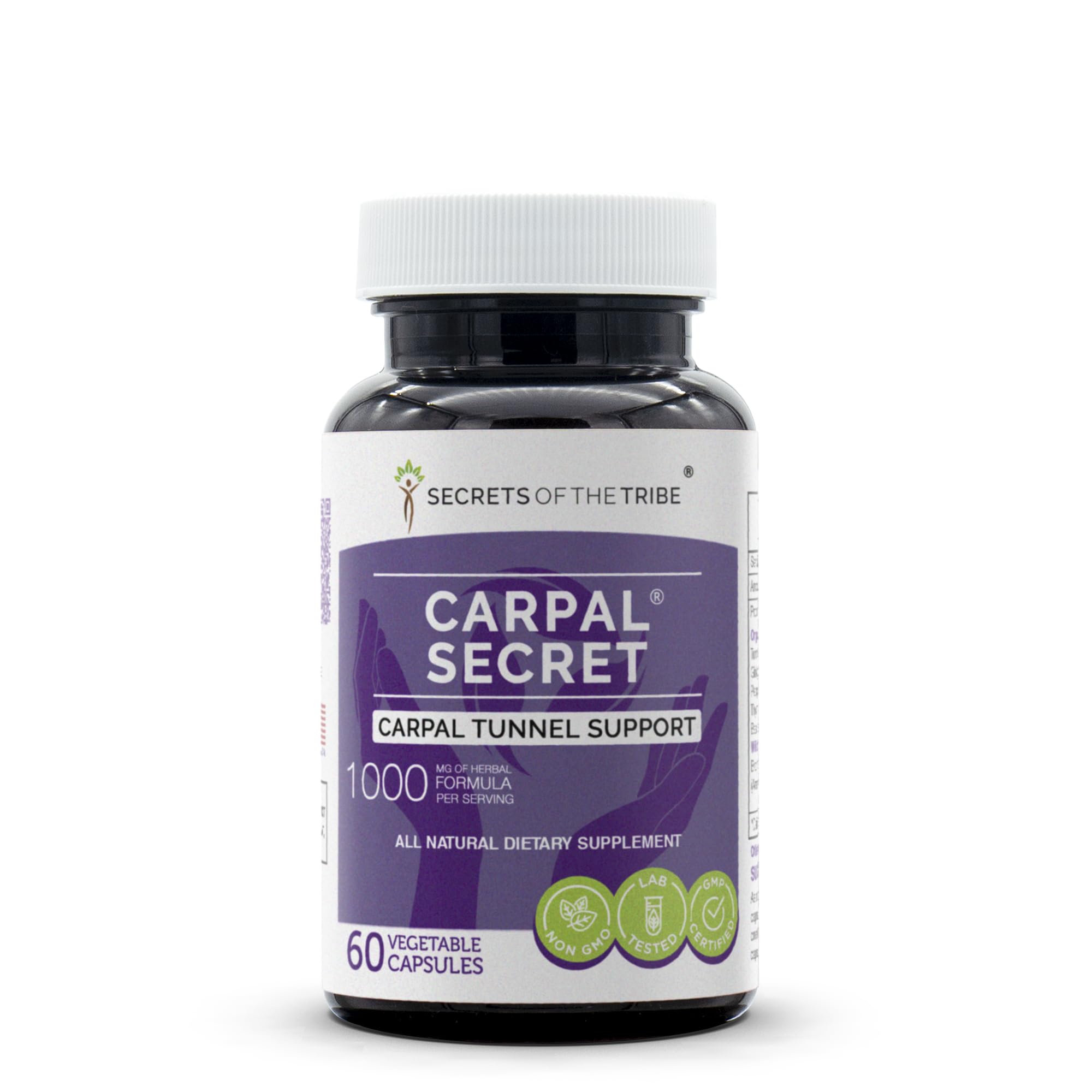 Secrets of the Tribe Carpal Secret bottle shows a natural herbal blend for daily support.