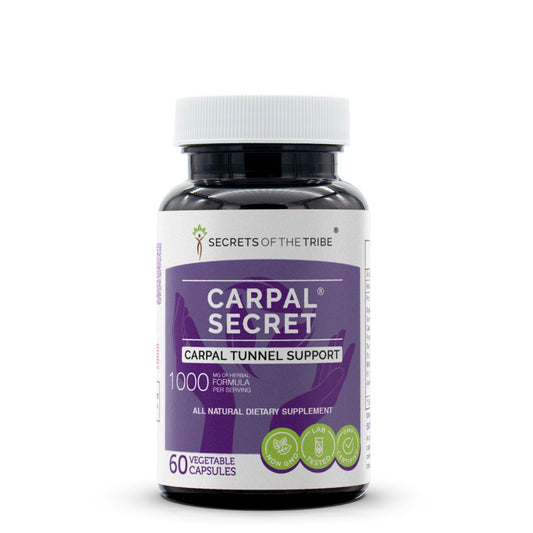 Secrets of the Tribe Carpal Secret bottle shows a natural herbal blend for daily support.