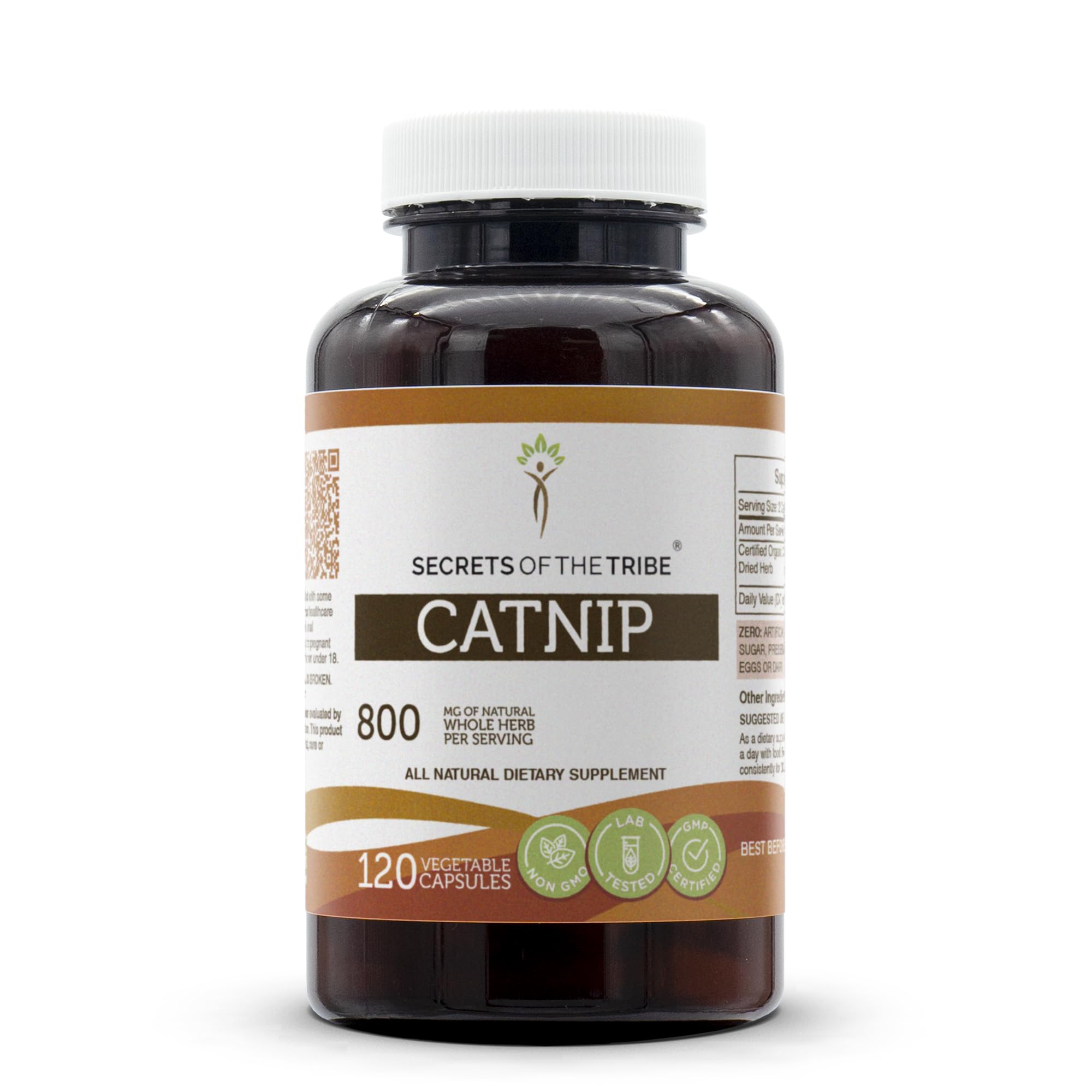 Secrets of the Tribe Catnip Capsules bottle front highlighting 800 mg per serving for easy herbal intake.