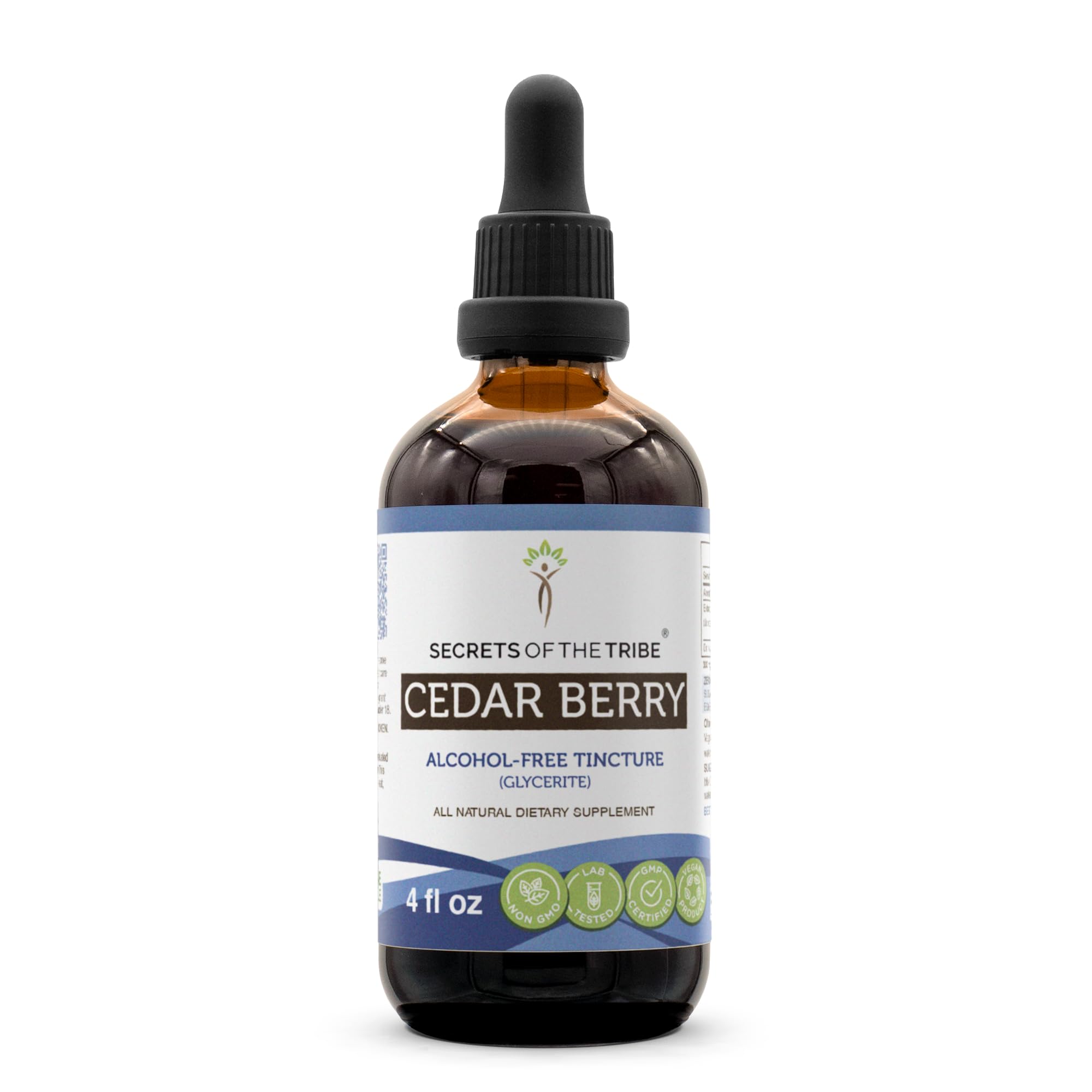 Secrets of the Tribe Cedar Berry bottle front view, alcohol-free tincture for daily use.