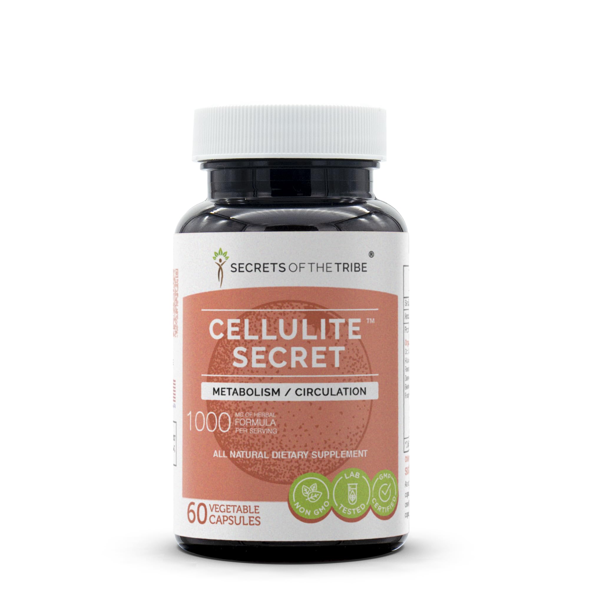Secrets of the Tribe Cellulite Secret bottle with capsules for daily skin support.