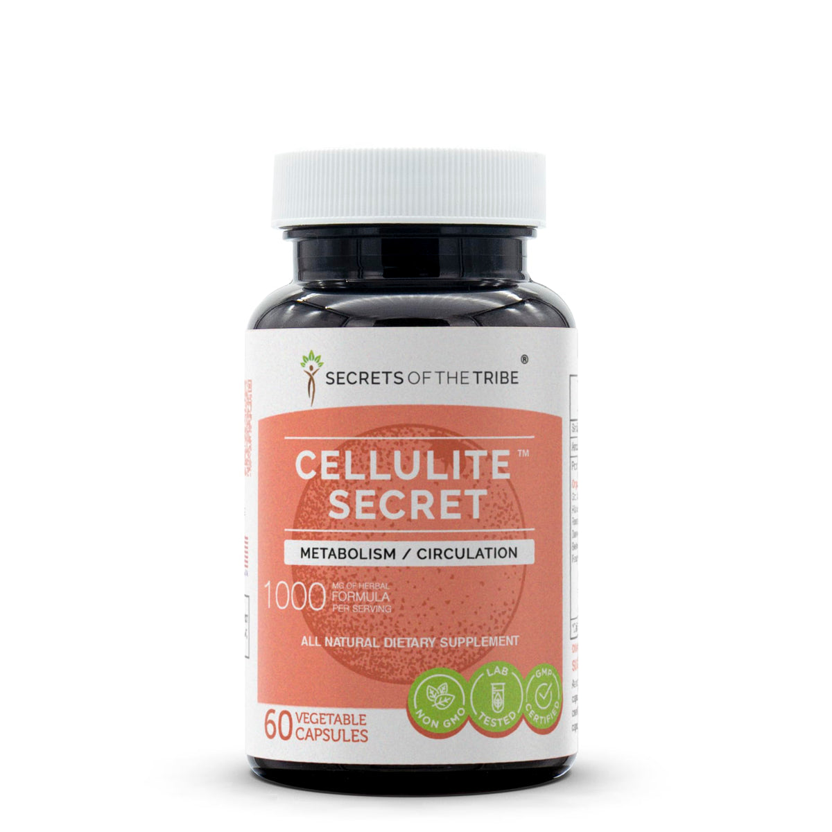 Secrets of the Tribe Cellulite Secret bottle with capsules for daily skin support.