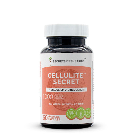 Secrets of the Tribe Cellulite Secret bottle with capsules for daily skin support.