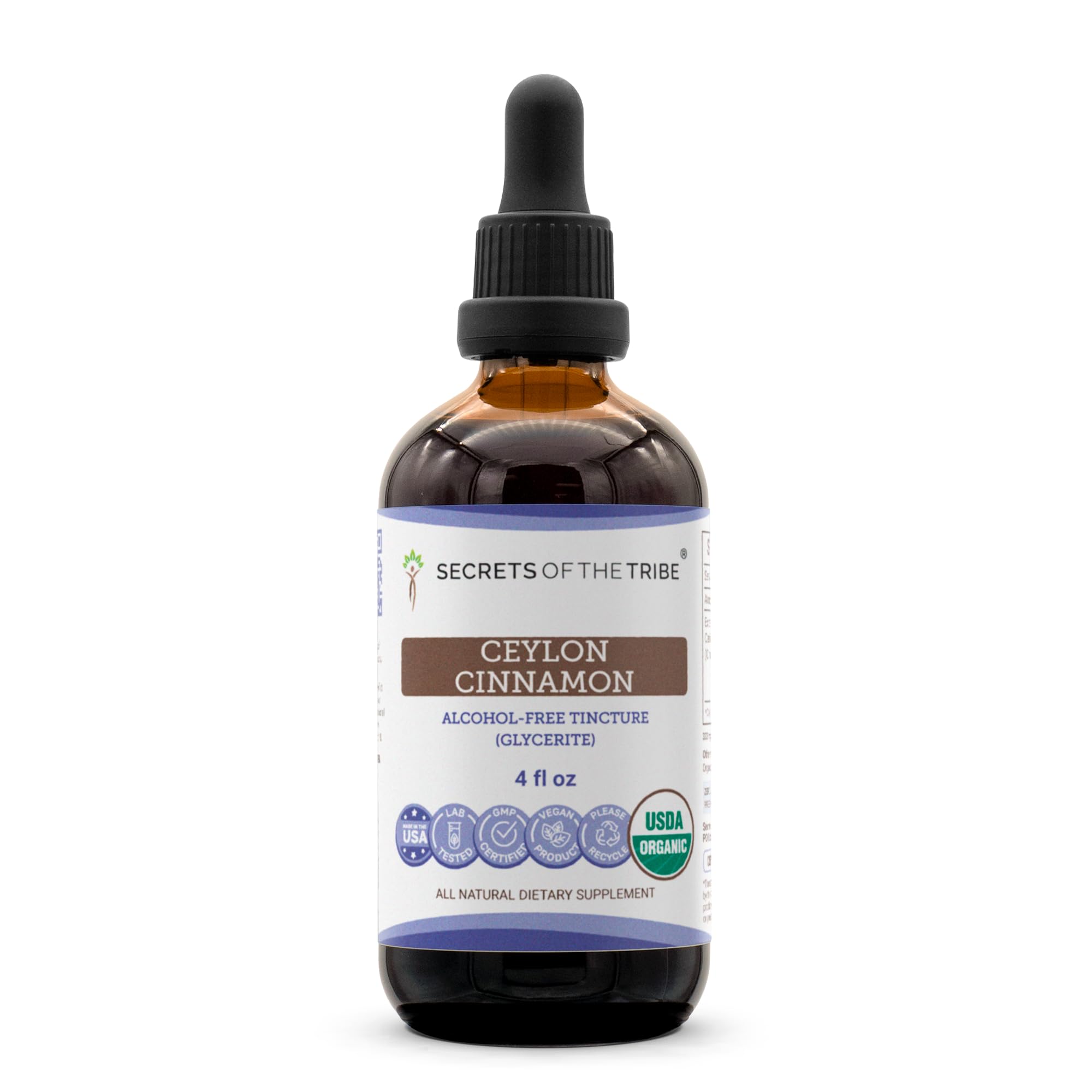 Secrets of the Tribe Ceylon Cinnamon tincture bottle with dropper for daily use and potential heart wellness support.