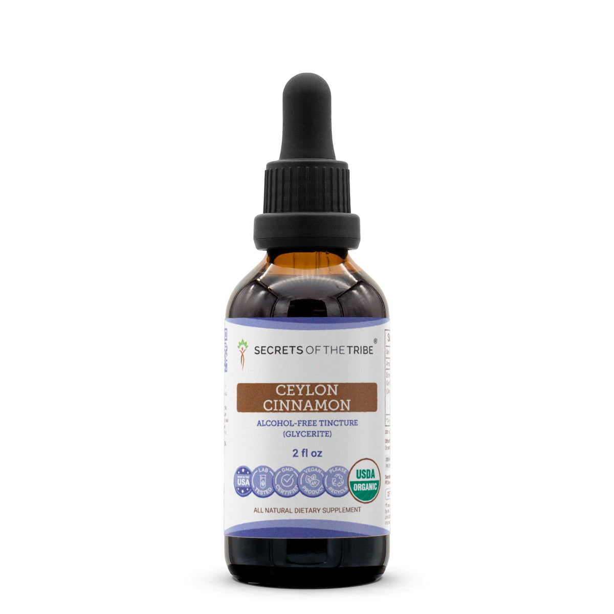 Secrets of the Tribe Ceylon Cinnamon tincture bottle for daily wellness routine