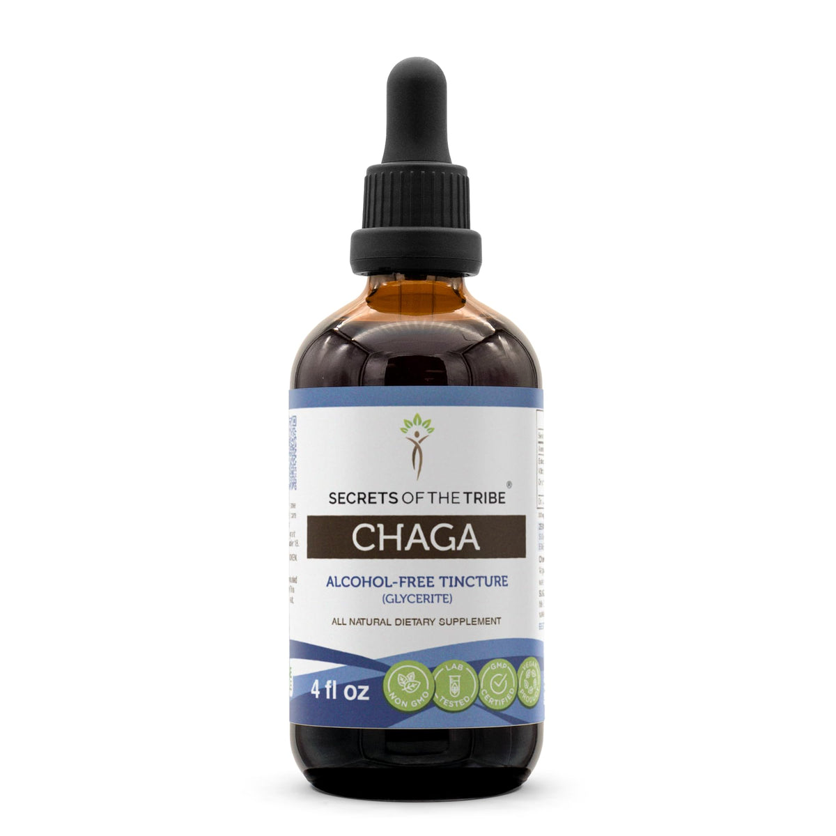 Secrets of the Tribe Chaga tincture bottle, alcohol-free extract, for daily use and easy absorption.