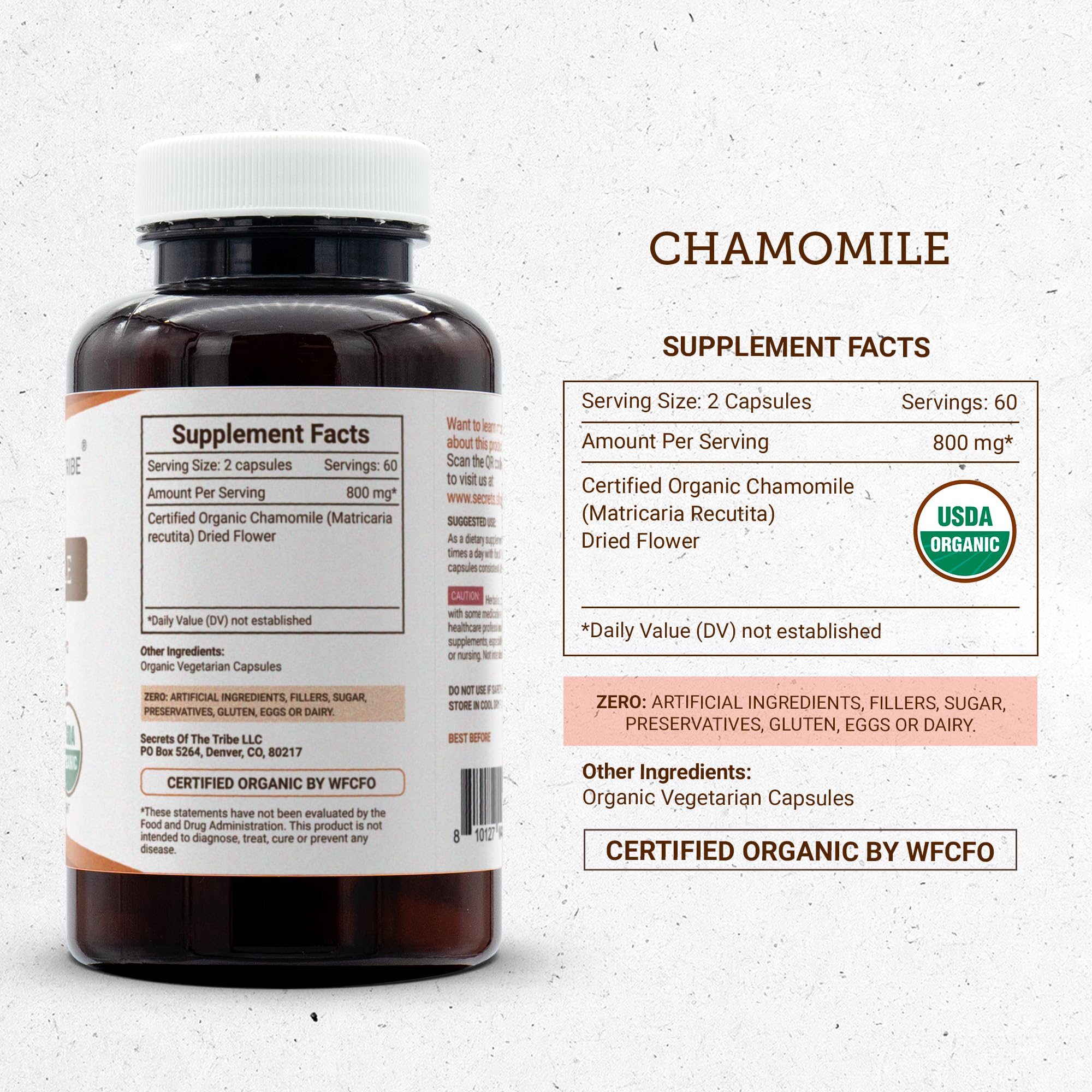 Secrets of the Tribe Chamomile third-party lab label verifying purity.