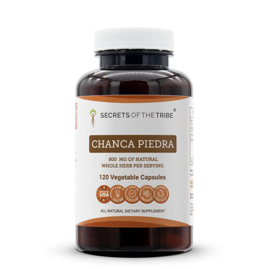 Secrets of the Tribe Chanca Piedra bottle with capsules for daily wellness.
