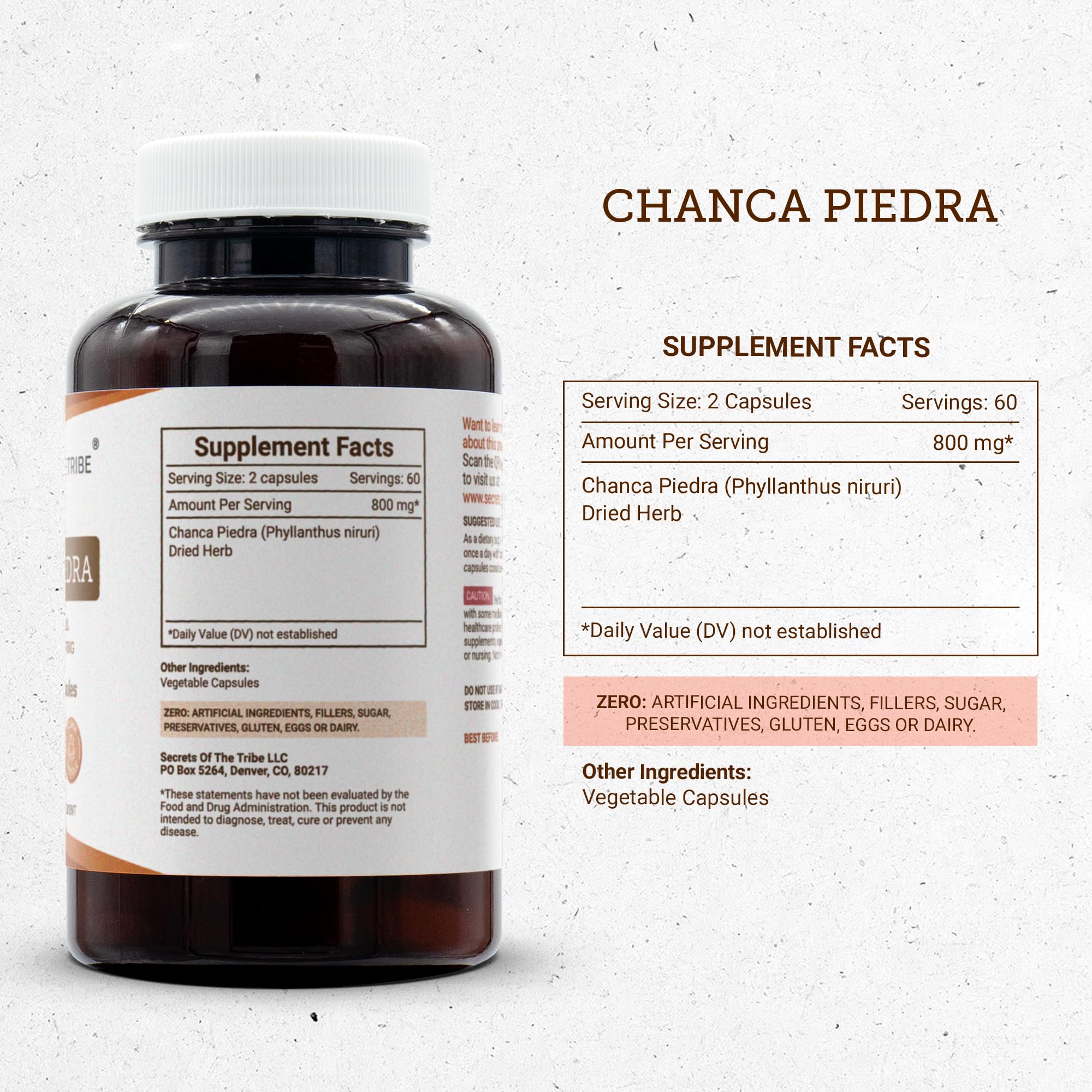 Secrets of the Tribe Chanca Piedra ingredients bottle label highlighting 100% plant-based capsules.