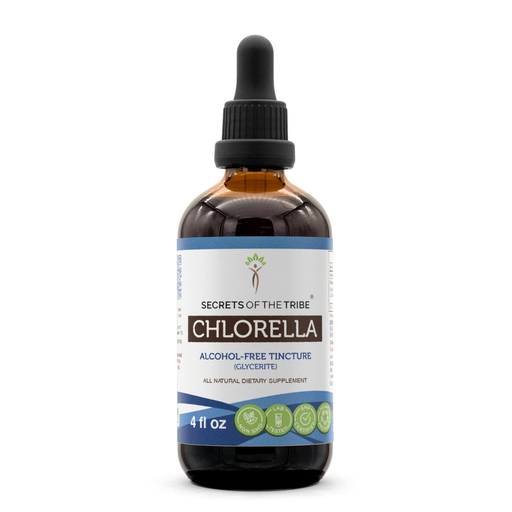 Secrets of the Tribe chlorella tincture bottle pour for easy daily dosing.