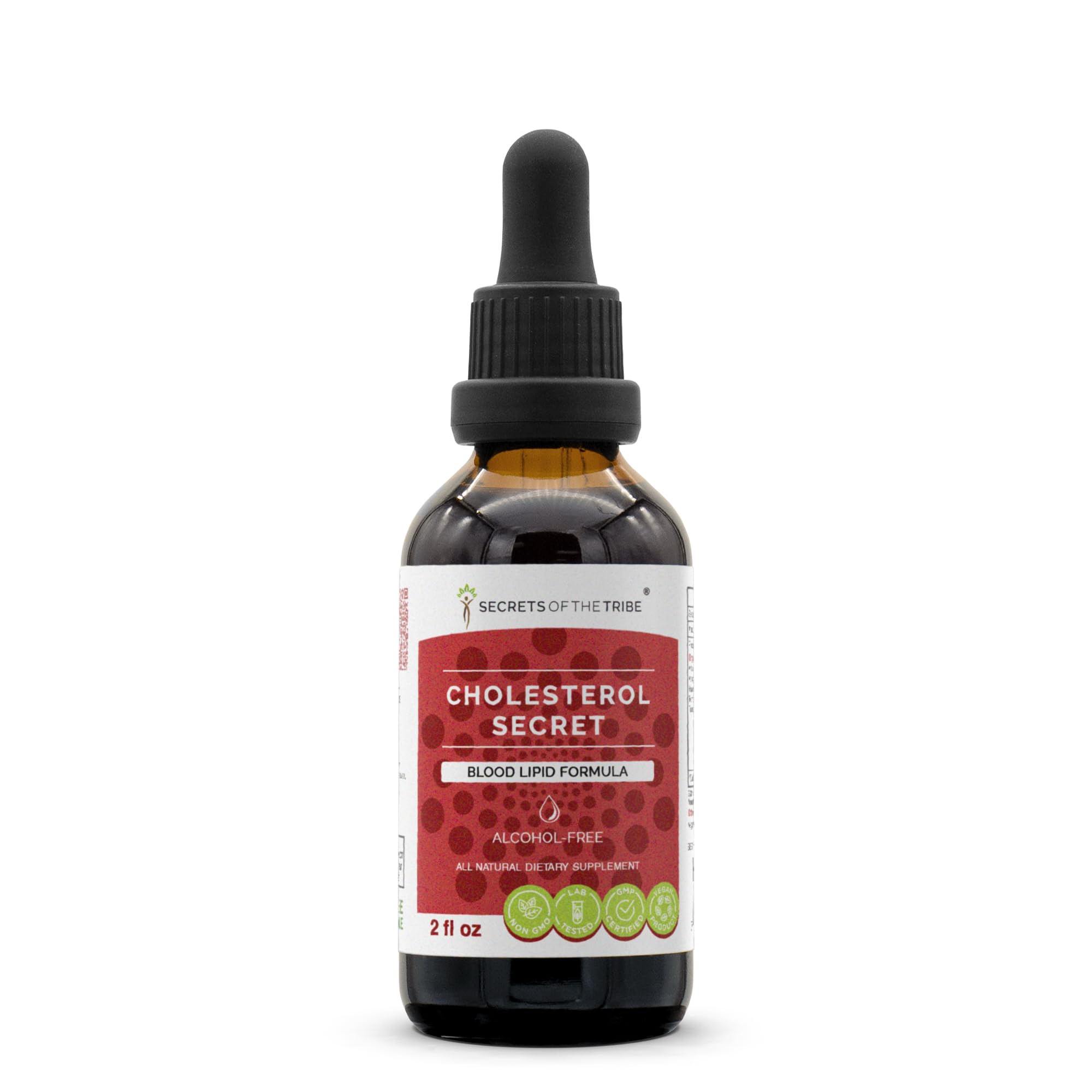 Secrets of the Tribe cholesterol secret bottle with label, alcohol-free herbal extract for daily use