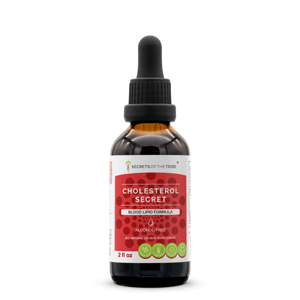 Secrets of the Tribe cholesterol secret bottle with label, alcohol-free herbal extract for daily use