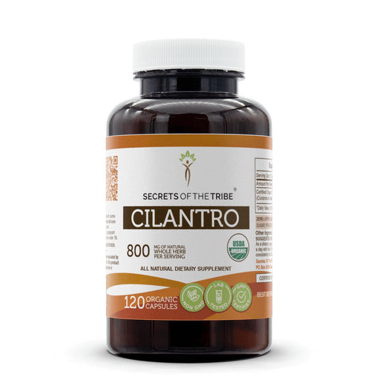 Secrets of the Tribe cilantro-usda-organic bottle for daily herbal support.