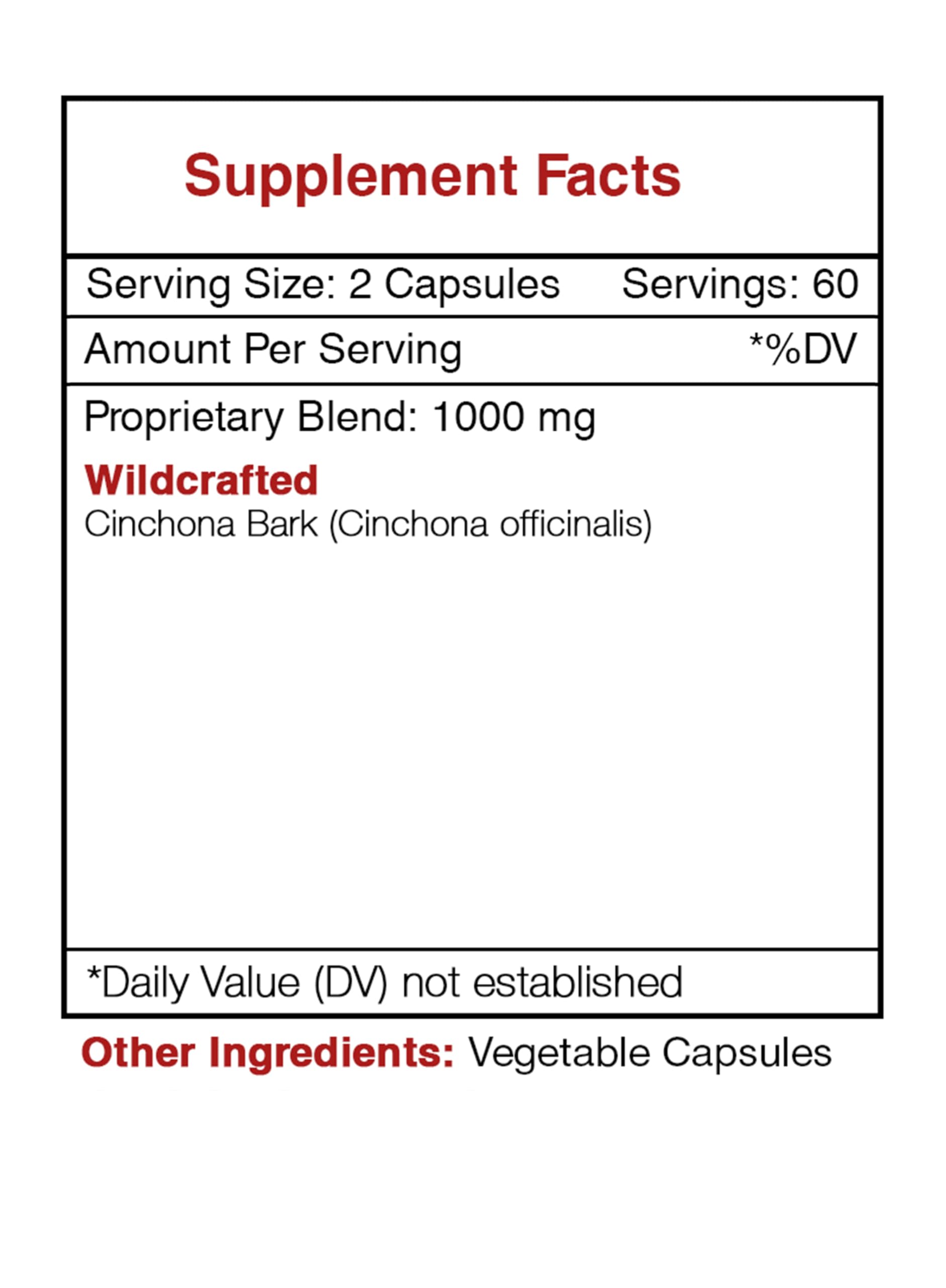 Secrets of the Tribe Cinchona bark formula label highlights natural ingredients.