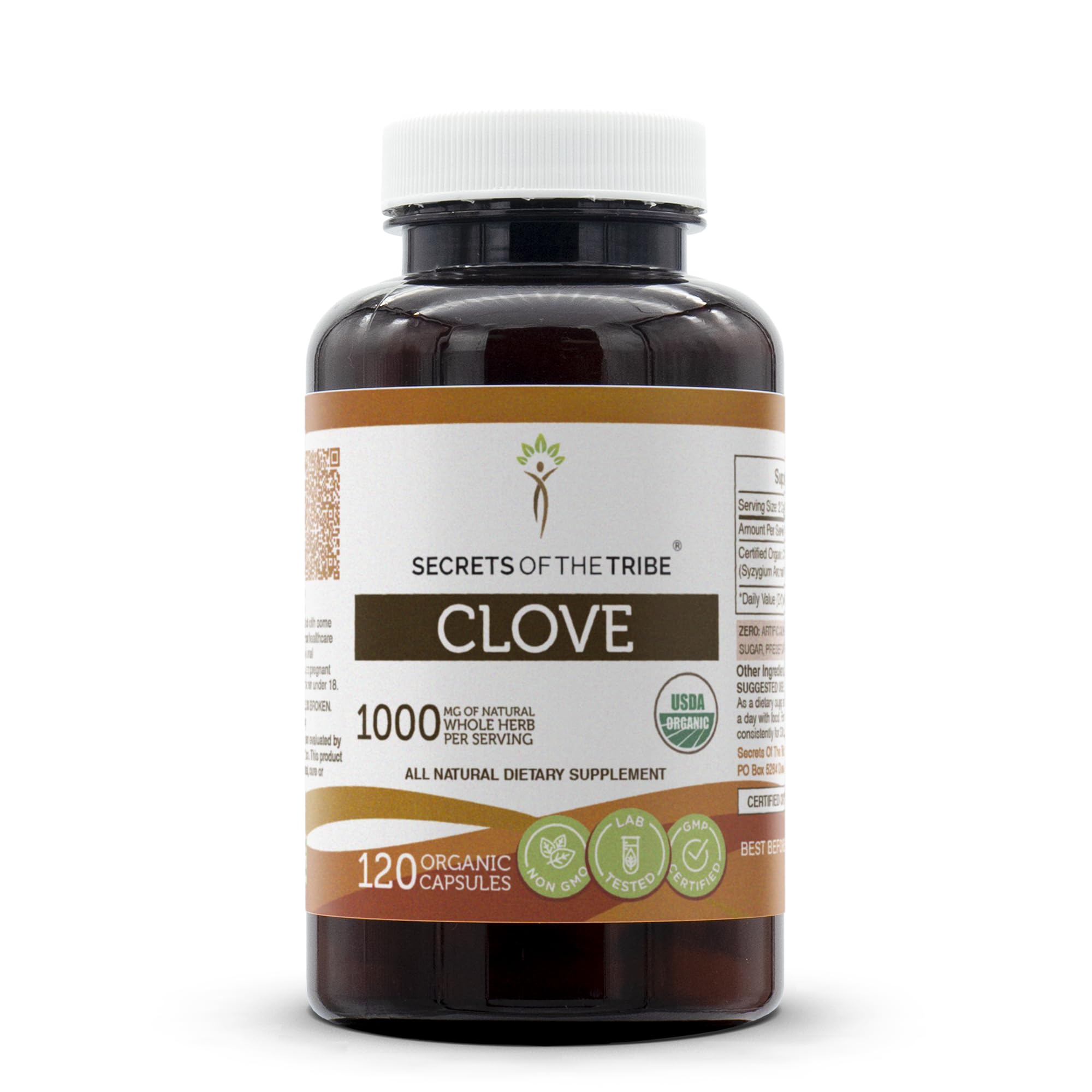 Secrets of the Tribe Clove capsules bottle on shelf for daily wellness.