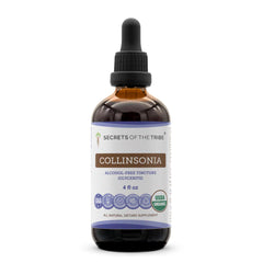 Secrets of the Tribe Collinsonia bottle closeup showing organic label and pure extract.
