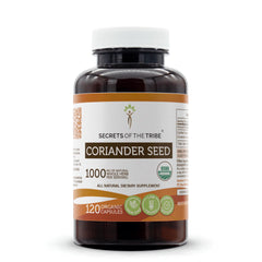 Secrets of the Tribe coriander seed bottle with organic branding for clean, plant-based support