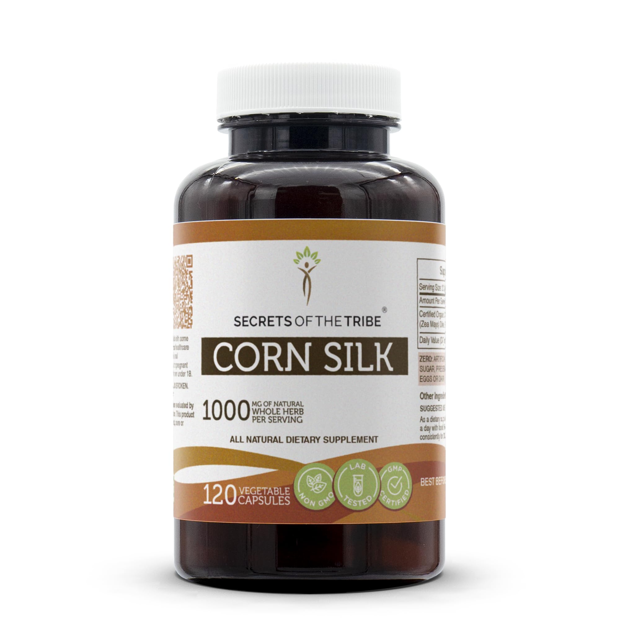 Secrets of the Tribe Corn Silk capsules bottle front showing pure 1000 mg formula.