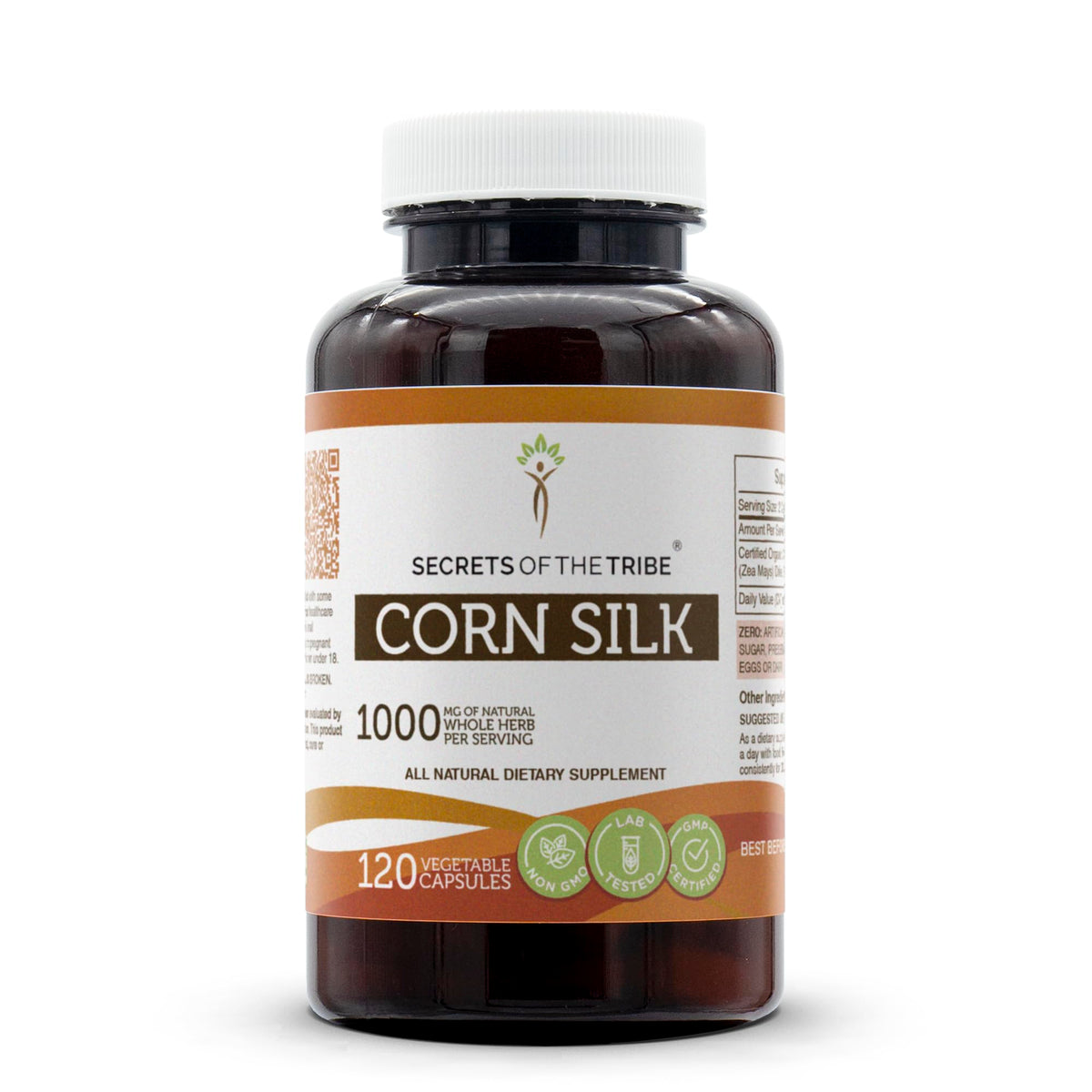 Secrets of the Tribe Corn Silk capsules bottle front showing pure 1000 mg formula.