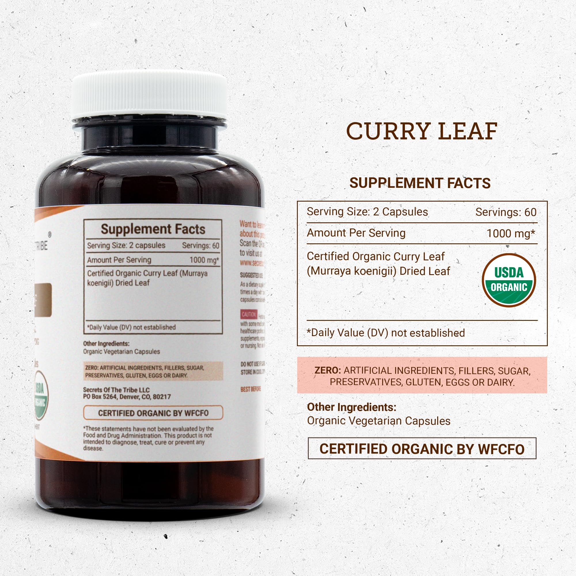 USDA Organic label on Secrets of the Tribe curry leaf capsules.