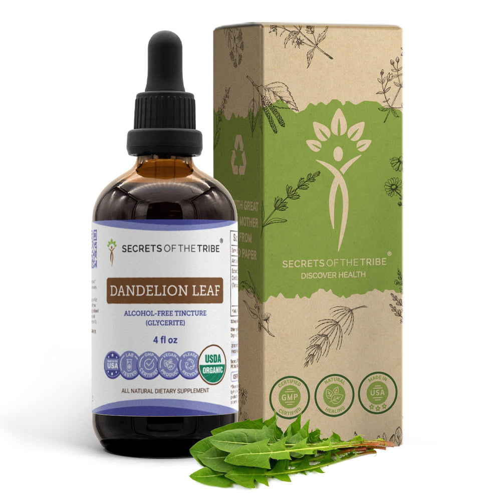 Secrets of the Tribe dandelion leaf bottle with USDA Organic, alcohol-free extract
