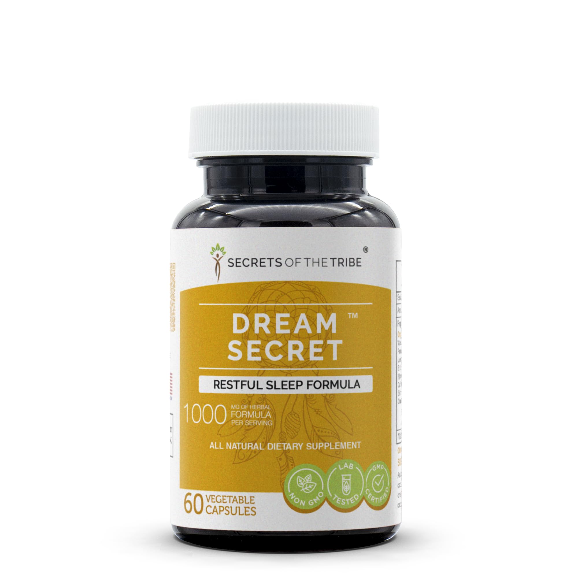 Secrets of the Tribe Dream Secret bottle front showing calming herbal capsules for evening relaxation