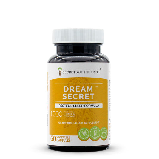 Secrets of the Tribe Dream Secret bottle front showing calming herbal capsules for evening relaxation