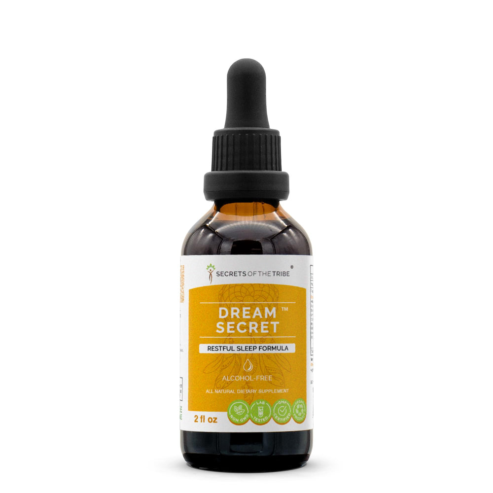 Secrets of the Tribe Dream Secret bottle with pour showing alcohol-free sleep support.