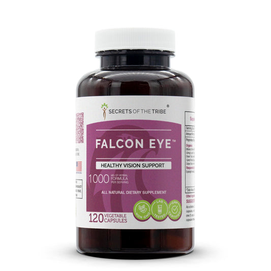 Secrets of the Tribe Falcon Eye bottle pour showing easy daily use for eye support.