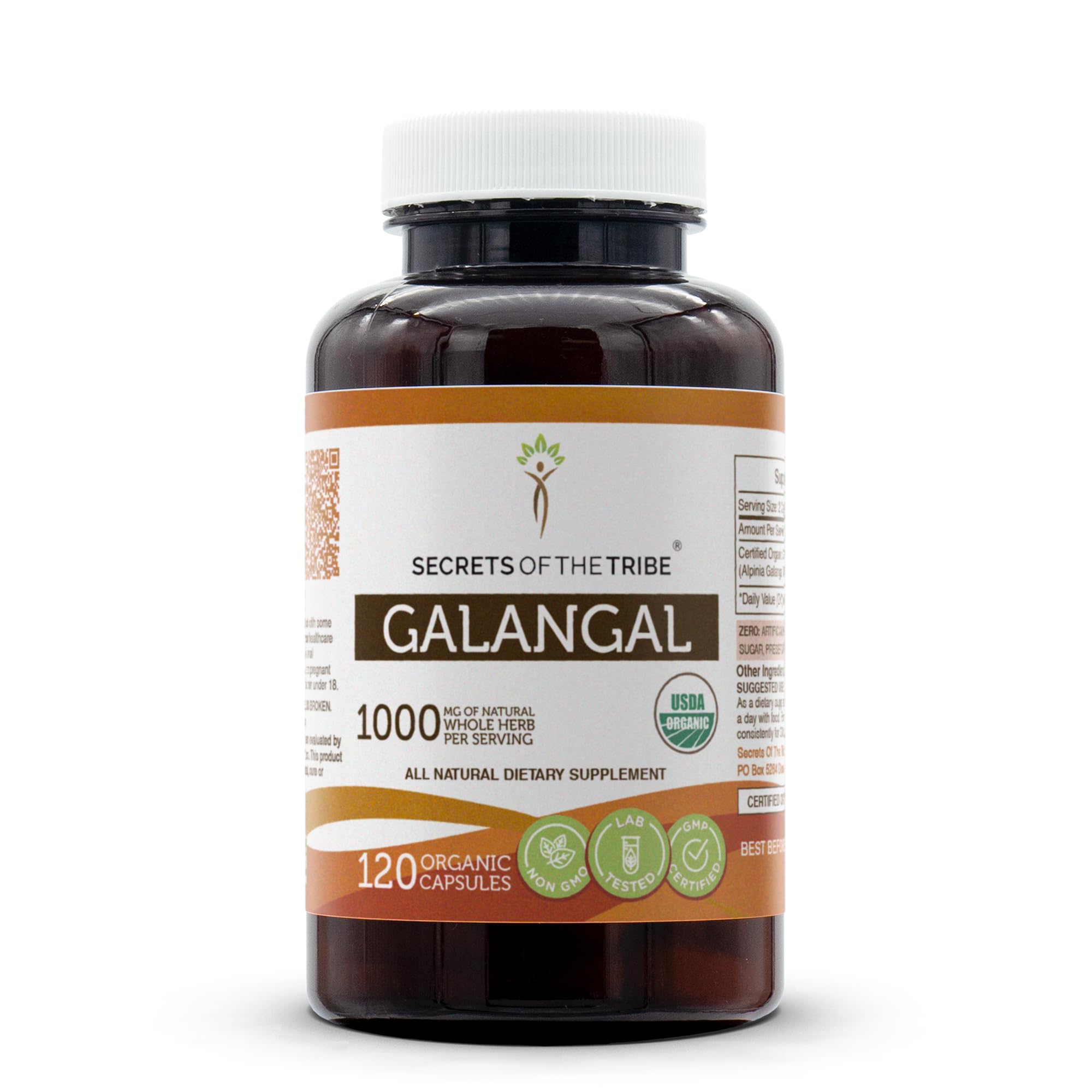 Secrets of the Tribe galangal bottle with capsules for easy daily use.