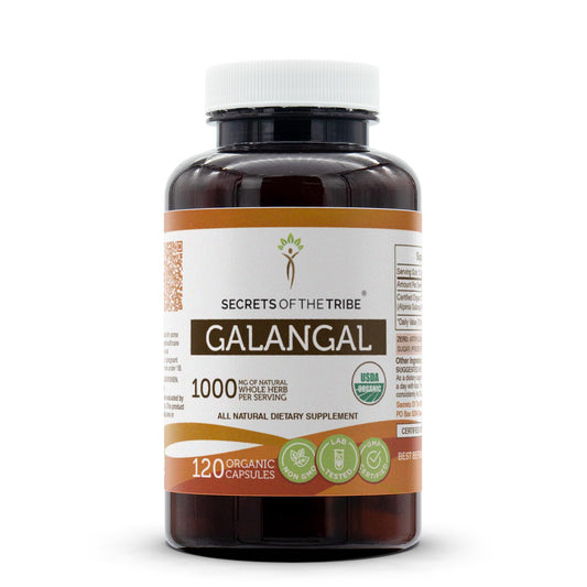 Secrets of the Tribe galangal bottle with capsules for easy daily use.