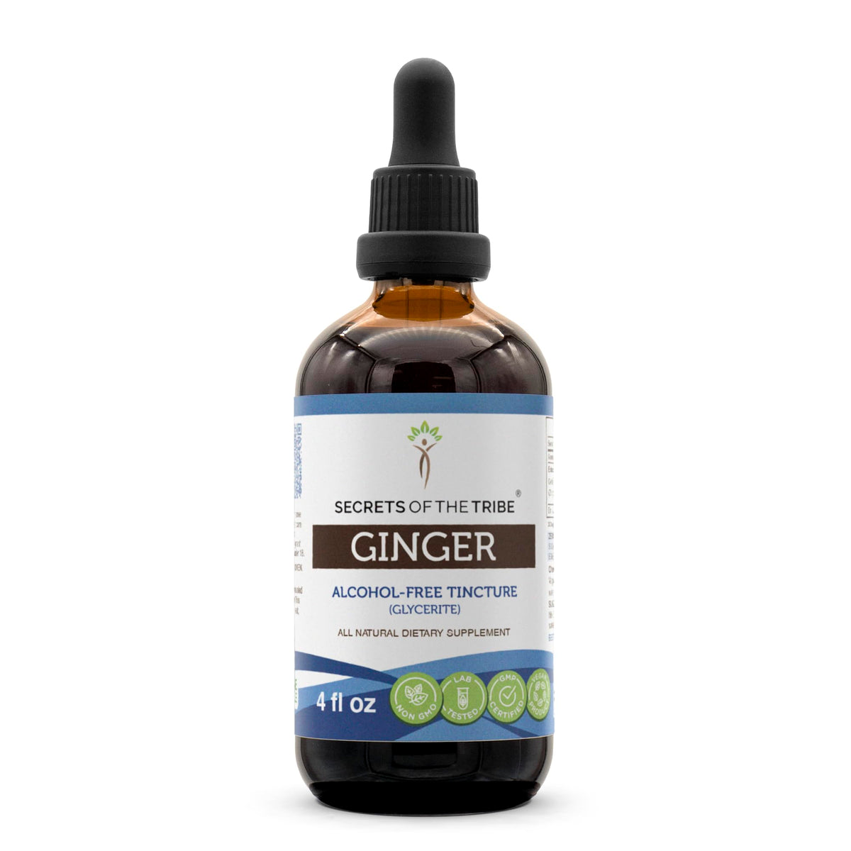 Secrets of the Tribe ginger tincture bottle showing pure, alcohol-free extract for daily use.