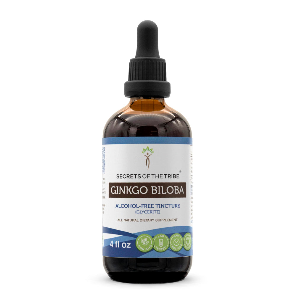 Secrets of the Tribe Ginkgo Biloba tincture bottle front, premium alcohol-free extract for daily wellness.