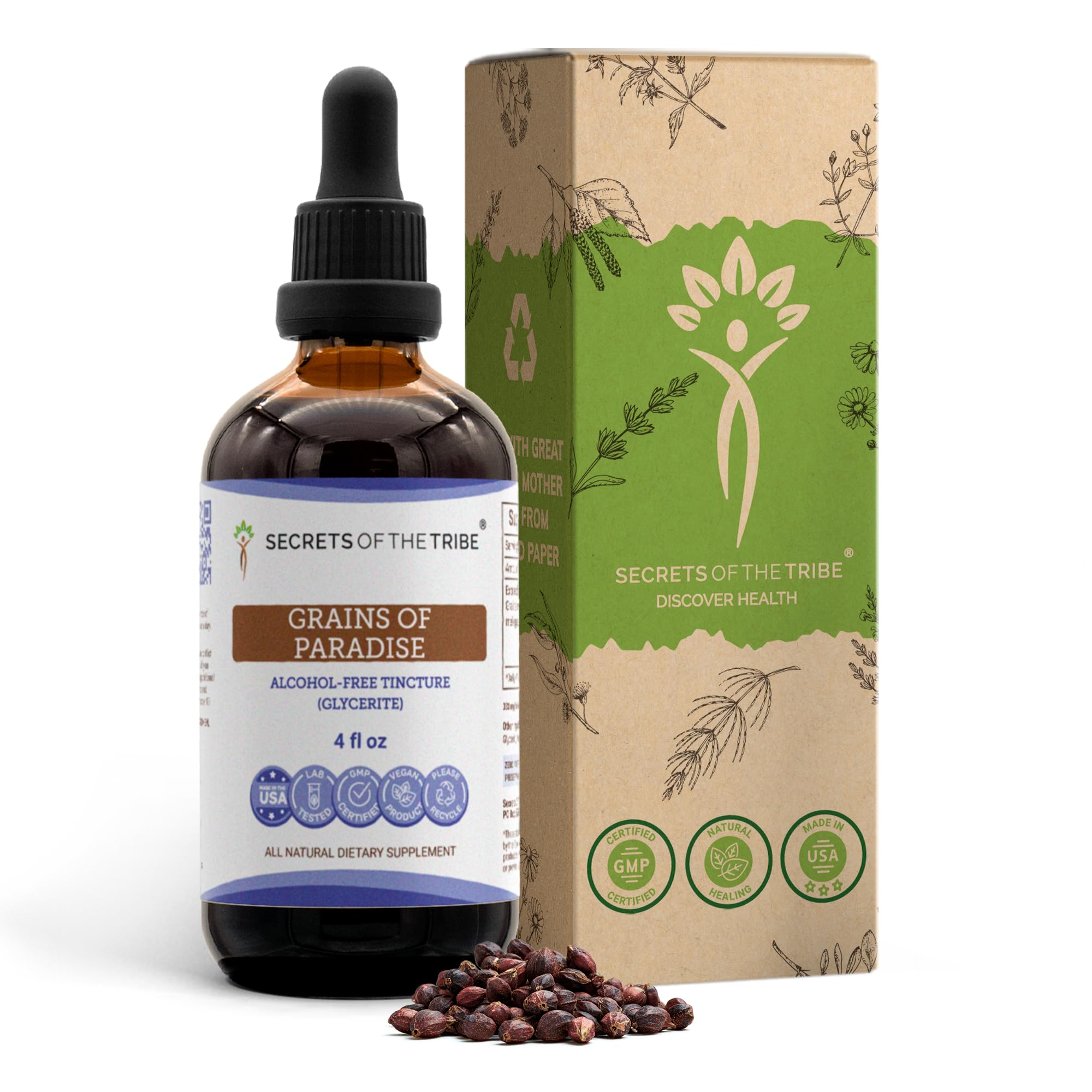 Secrets of the Tribe grains of paradise tincture bottle shows authentic plant extract for daily digestive balance.