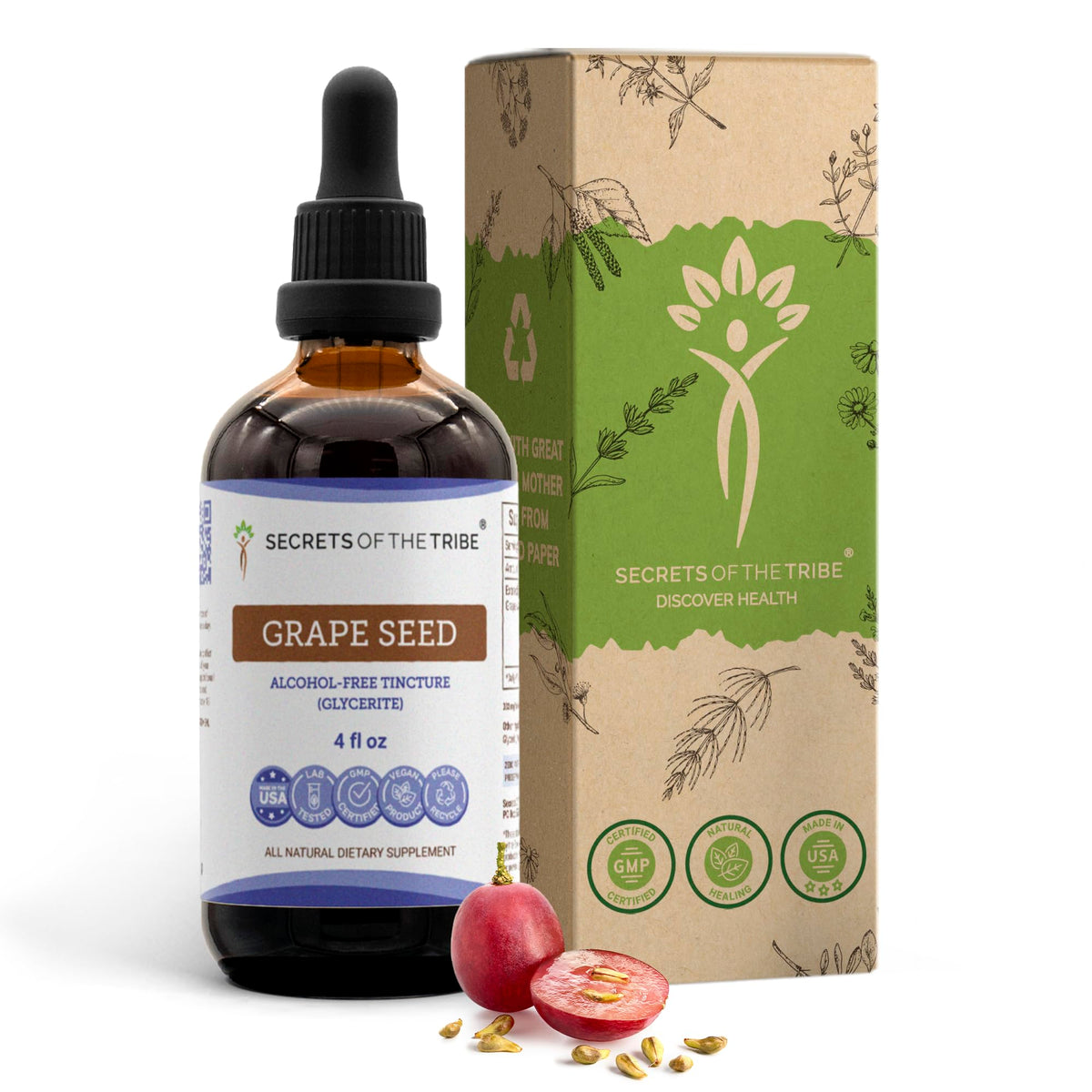 Secrets of the Tribe grape seed tincture bottle, antioxidant-rich formula for daily wellness.