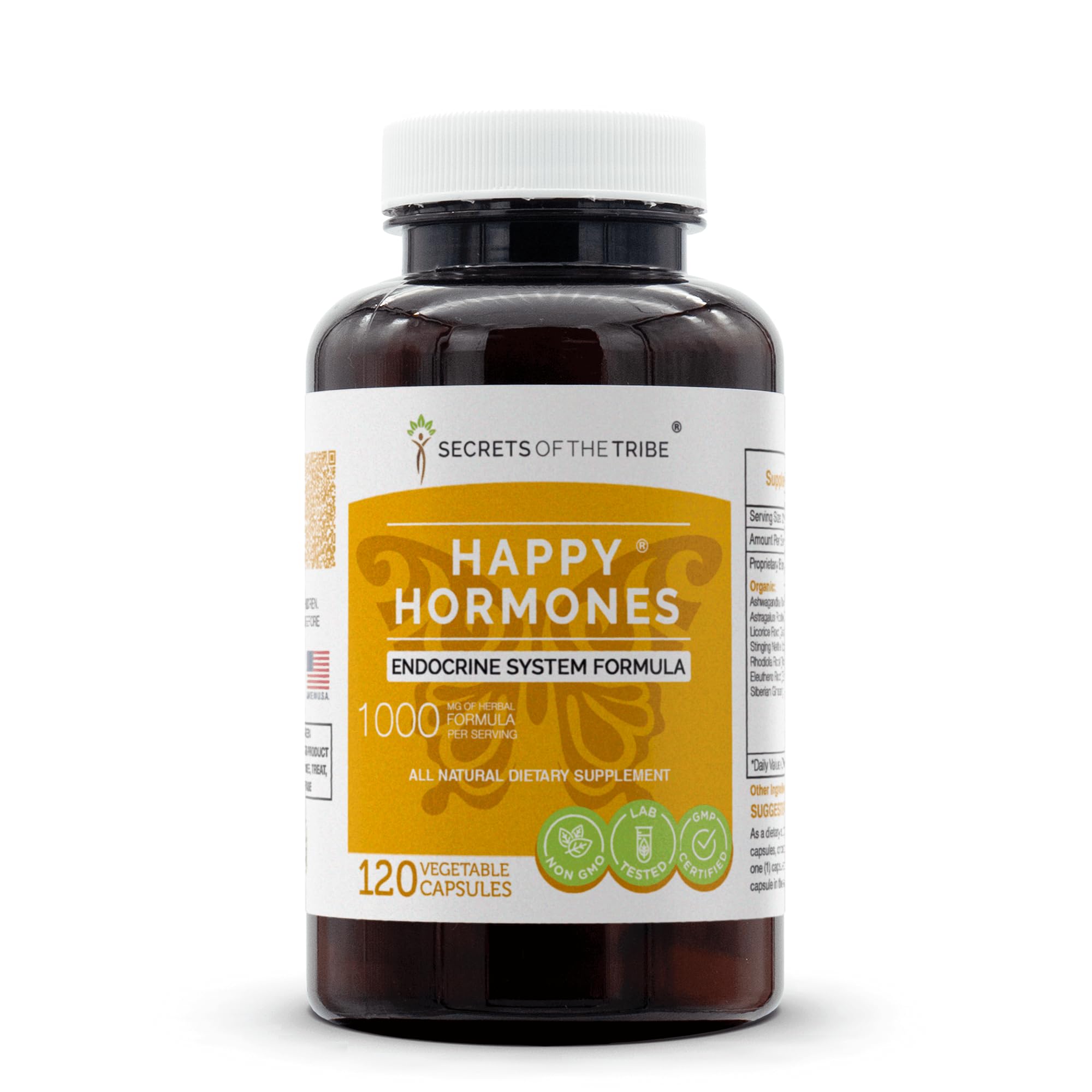 Secrets of the Tribe happy hormones bottle shows a natural herbal blend for daily balance.