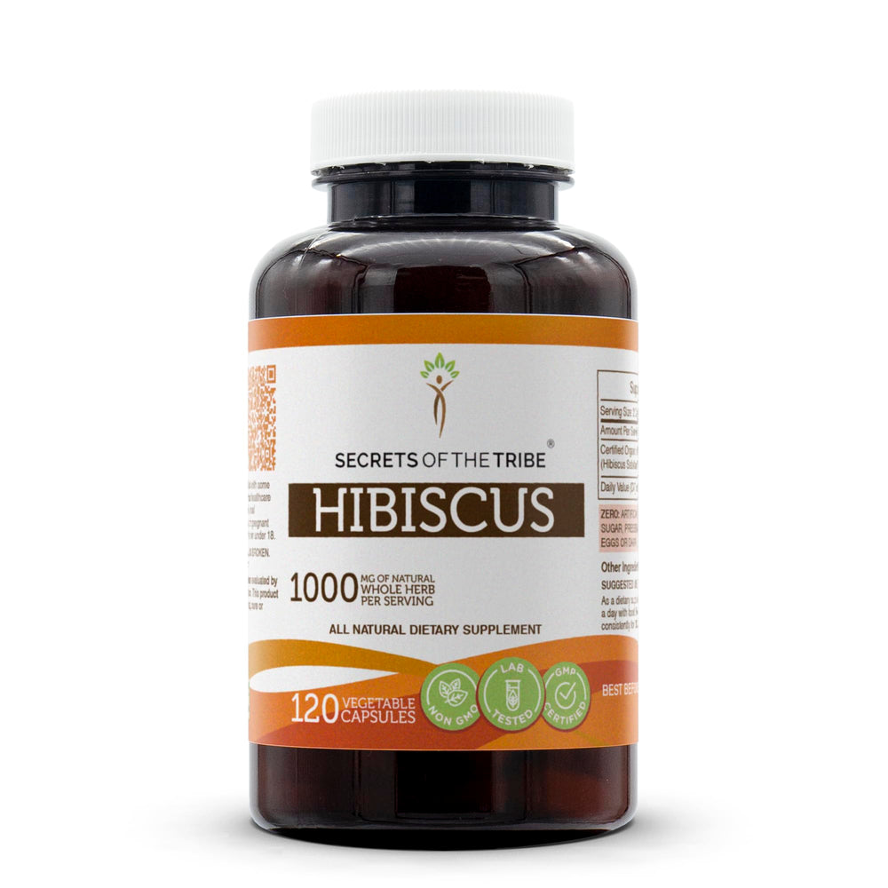 Secrets of the Tribe Hibiscus bottle with 120 capsules for daily wellness.