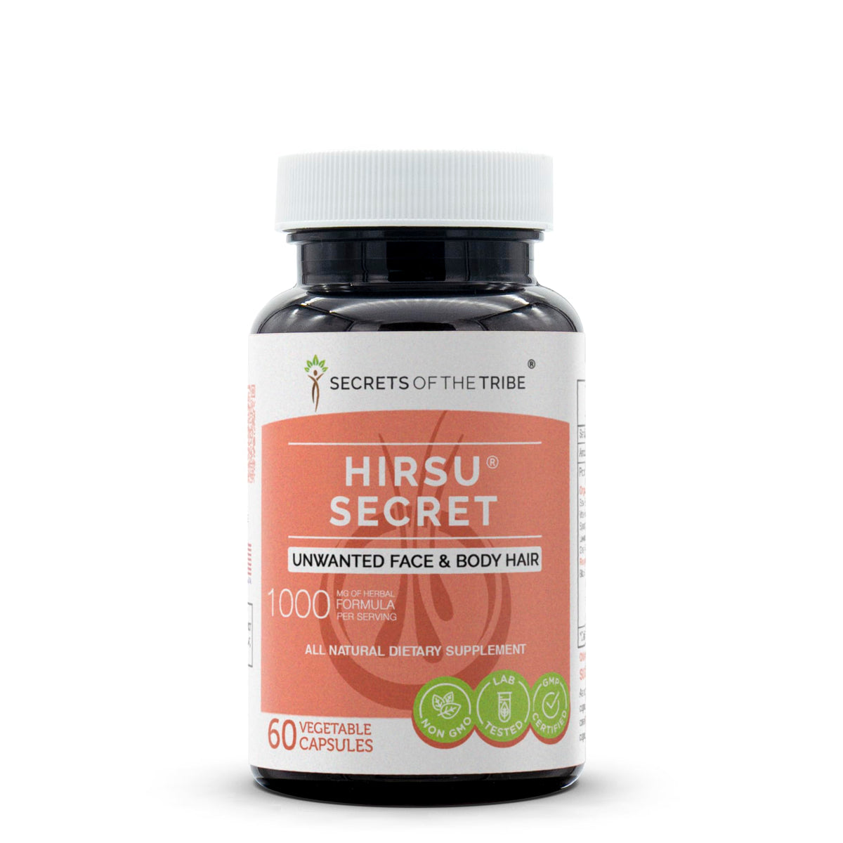Secrets of the Tribe Hirsu Secret bottle label, premium herbal blend for daily wellness.