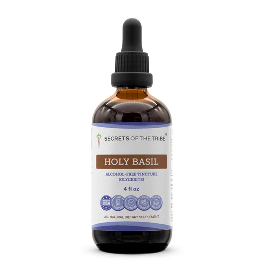 Secrets of the Tribe Holy Basil tincture bottle shows alcohol-free herbal extract for daily use.