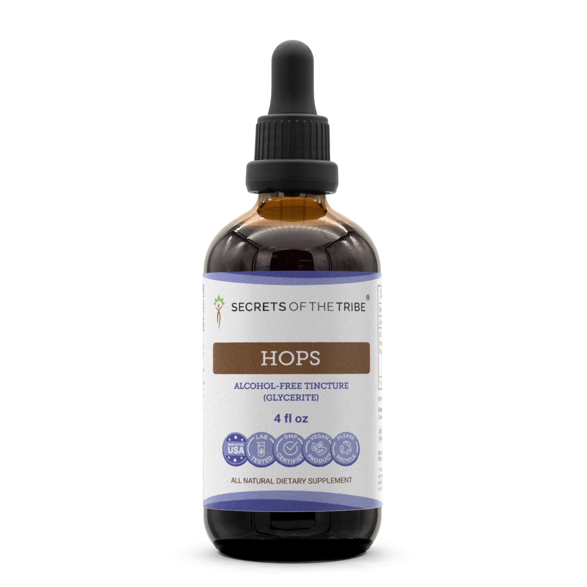 Secrets of the Tribe Hops Tincture bottle closeup with dropper for easy dosing.