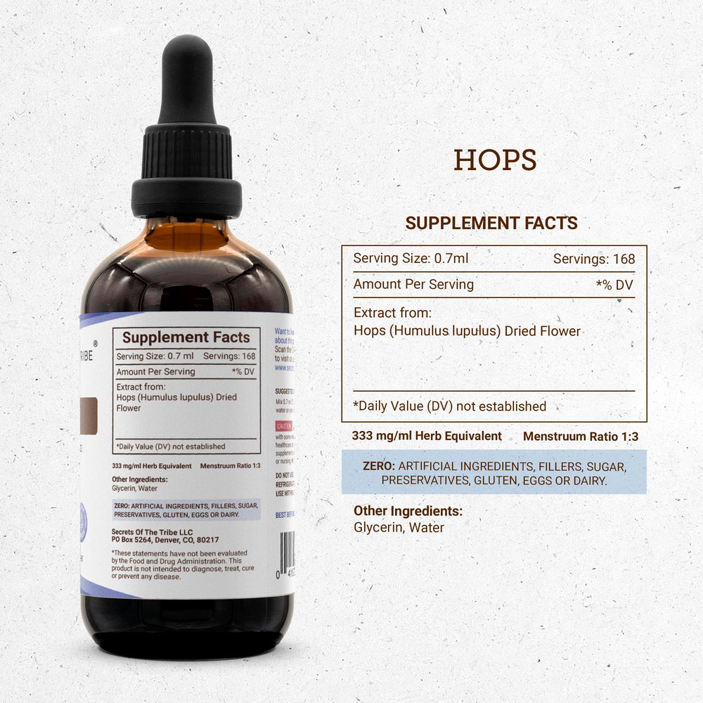 Secrets of the Tribe Hops Tincture dropper ready for measured use.