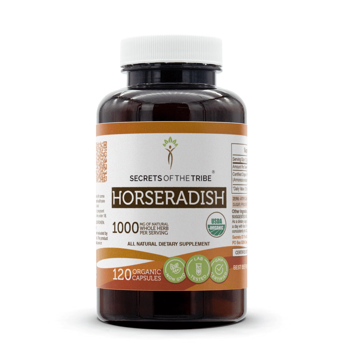 Secrets of the Tribe horseradish bottle front showing organic capsules for daily use
