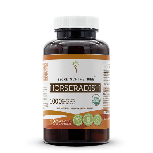 Secrets of the Tribe horseradish capsules front label highlights organic sourcing for daily use.