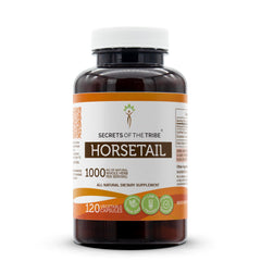 Secrets of the Tribe Horsetail bottle shot highlights a high-potency herbal supplement for daily wellness.
