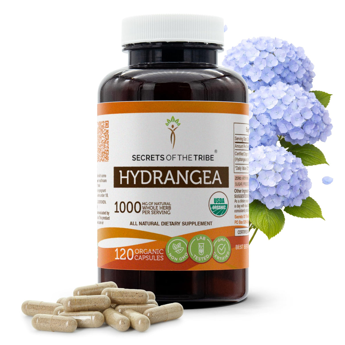 Secrets of the Tribe Hydrangea bottle front with organic capsules for daily wellness.