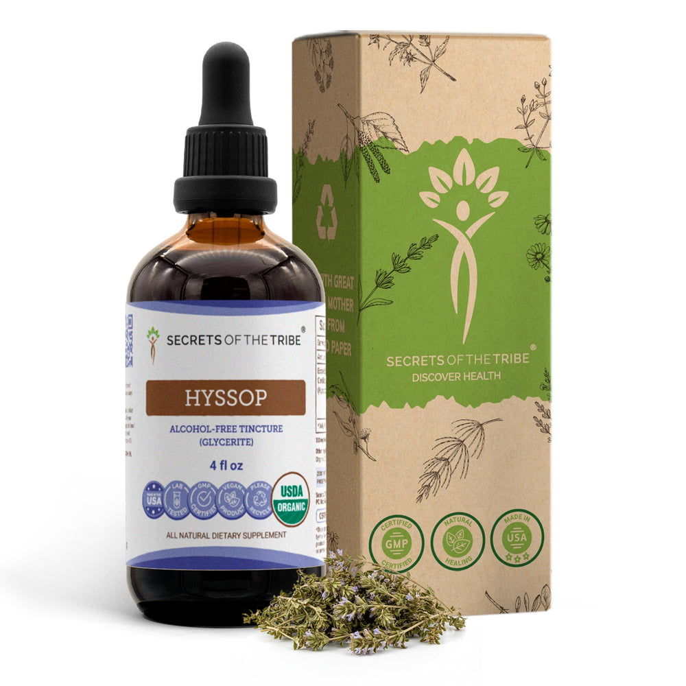 Secrets of the Tribe hyssop tincture bottle pour for daily, alcohol-free use.